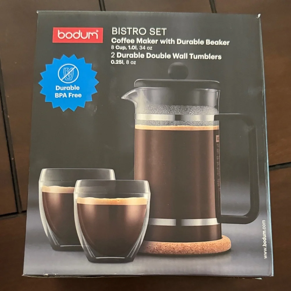 New in Box Bodum Bistro Set with Black Coffee Maker and Tumblers